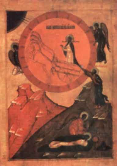 أيقونة روسية من القرن السادس عشر (ملوك 2: 9-13) تجمع بين مشهد الياس النبي يُنقَل إلى السماء، وبين مشهد آخر يظهر فيه ملاك يوقظه ويطعمه (ملوك 1: 9-15). قسَّم الرسَّام لوحته تقسيماً محورياً، يسيطر على القسم الأيسر منها اللون الأحمر لعربة النار. بينما يظهر على القسم الأيمن اللون البني للطبيعة . ومن أعلى الصخور المرتفعة، يظهر أليشع النبي ممسكاً بطرف ثوب الياس بيده اليمنى. يصعد الياس إلى السماء في مركبة تجرها أربعة خيول وملاكان يحملان هالته المستديرة. في القسم الأيسر العلوي، يظهر ربع دائرة مليئ بالنجوم، تبث 3 شعاعات زرقاء طويلة ترمز إلى الفردوس، ويظهر النبي منتصباً بعظمة في عربة النار، وقد امتدت يداه تضرعاً باتجاه السماء. الصورة الثانية فيظهر فيها الملاك أمام الياس النائم، وقرب رأسه شجرة العرعر
